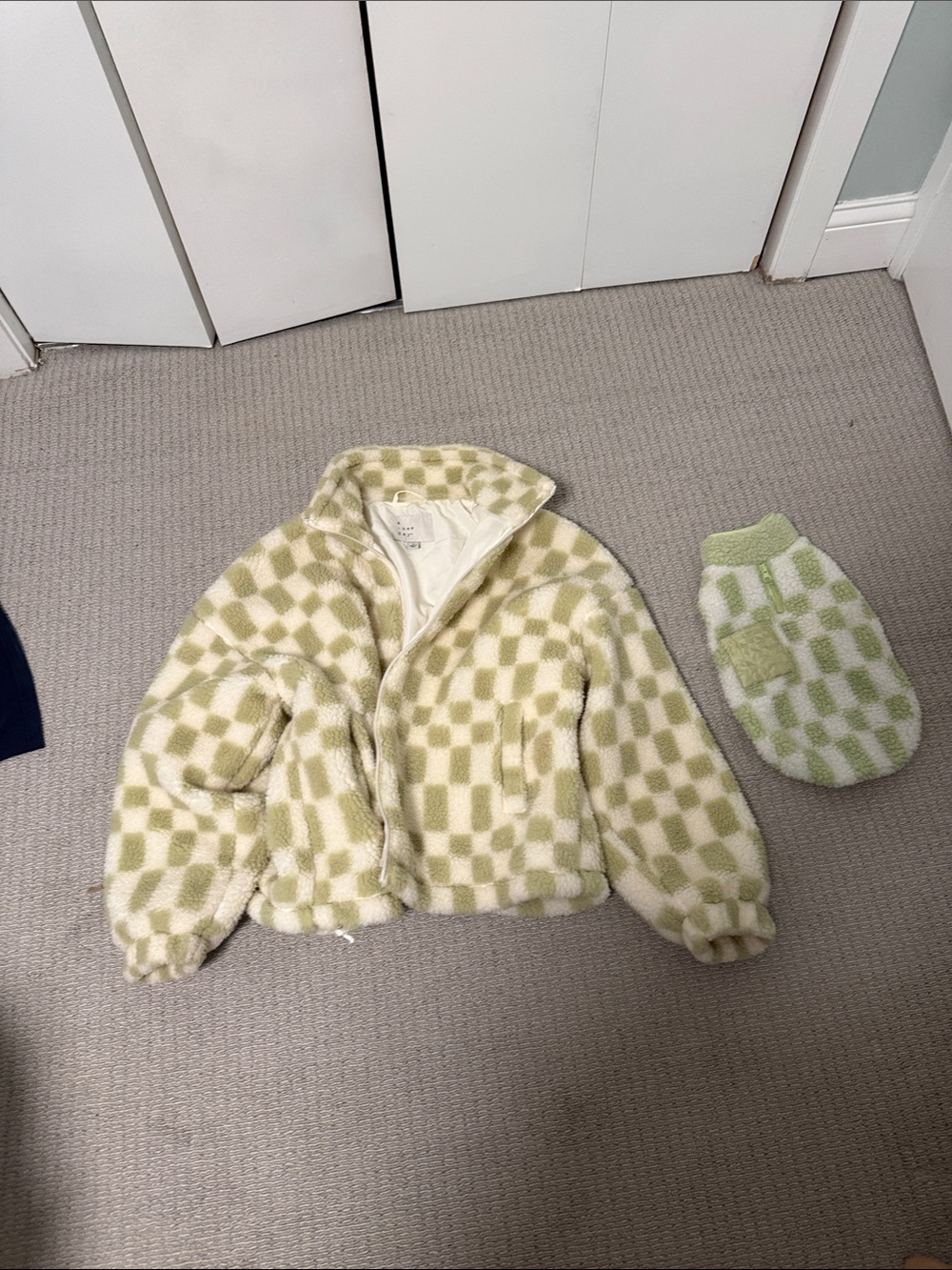 Cat & Owner Matching Check Fleece Jacket - Light Green & Cream